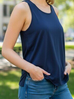 Sleeveless Navy Blue Racerback Tank Top With Laser-Cut Hem Detail Lightweight &